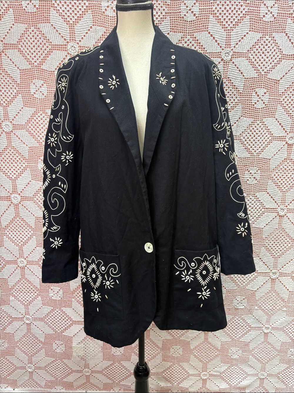 Embroidered Black Women's Jacket with White Motif
